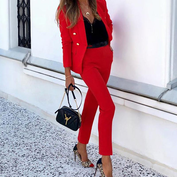 Office Lady Solid Color Blazer Jacket and Long Pants Two-piece Set