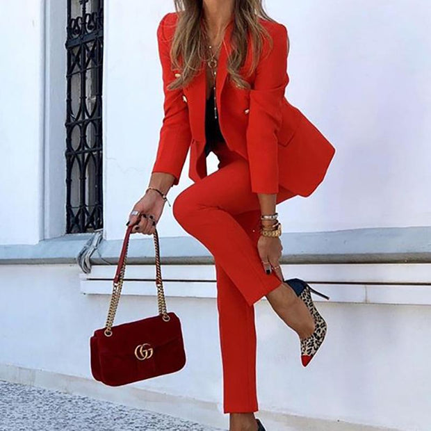 Office Lady Solid Color Blazer Jacket and Long Pants Two-piece Set
