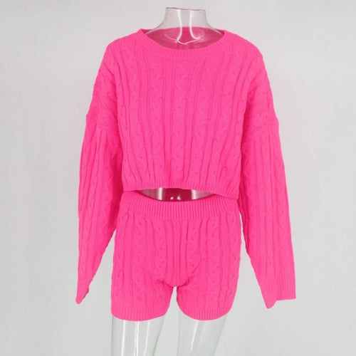 O-neck Knitted Long Sleeve Crop Sweater and Shorts Two-piece Set