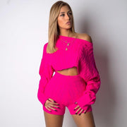 O-neck Knitted Long Sleeve Crop Sweater and Shorts Two-piece Set
