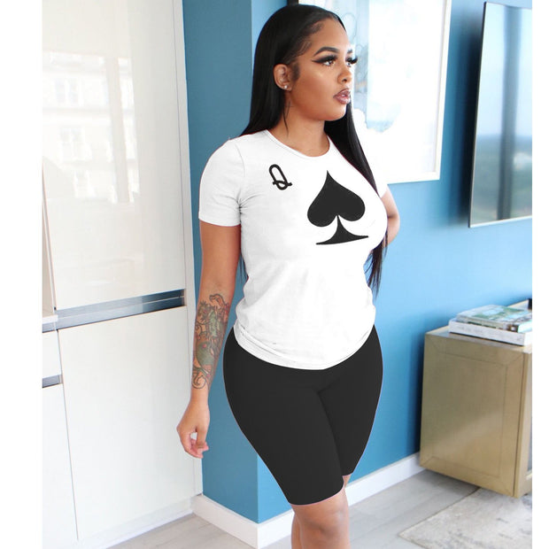 Women Poker Printed Short Sleeve Tops and Pants Two-piece Set