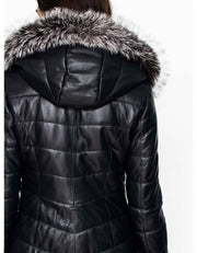 Black Fur Trimmed Hooded Leather Coat For Women