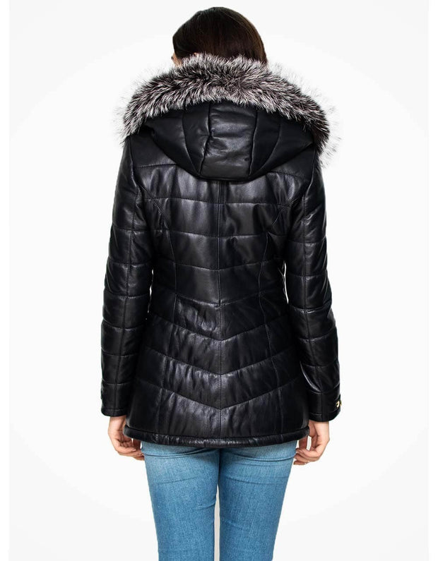 Black Fur Trimmed Hooded Leather Coat For Women